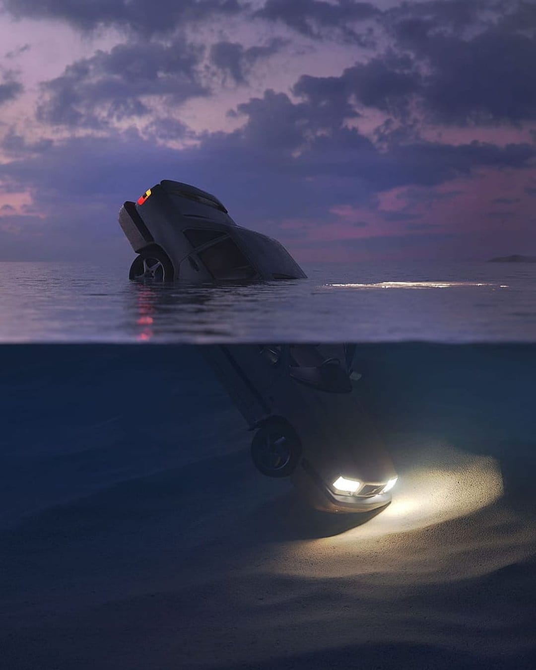 Car partially submerged in the ocean at dusk with glowing lights illuminating the water and sandy seabed below.