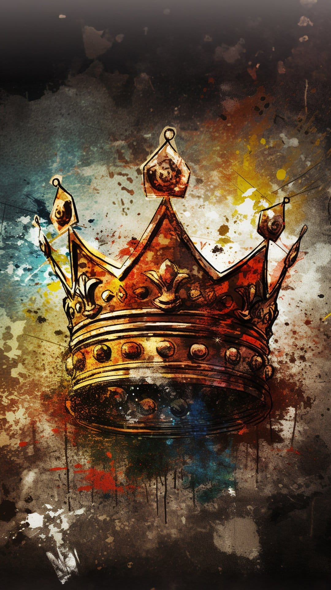Golden crown centered over vibrant red, blue, and yellow paint splatters on a textured background.