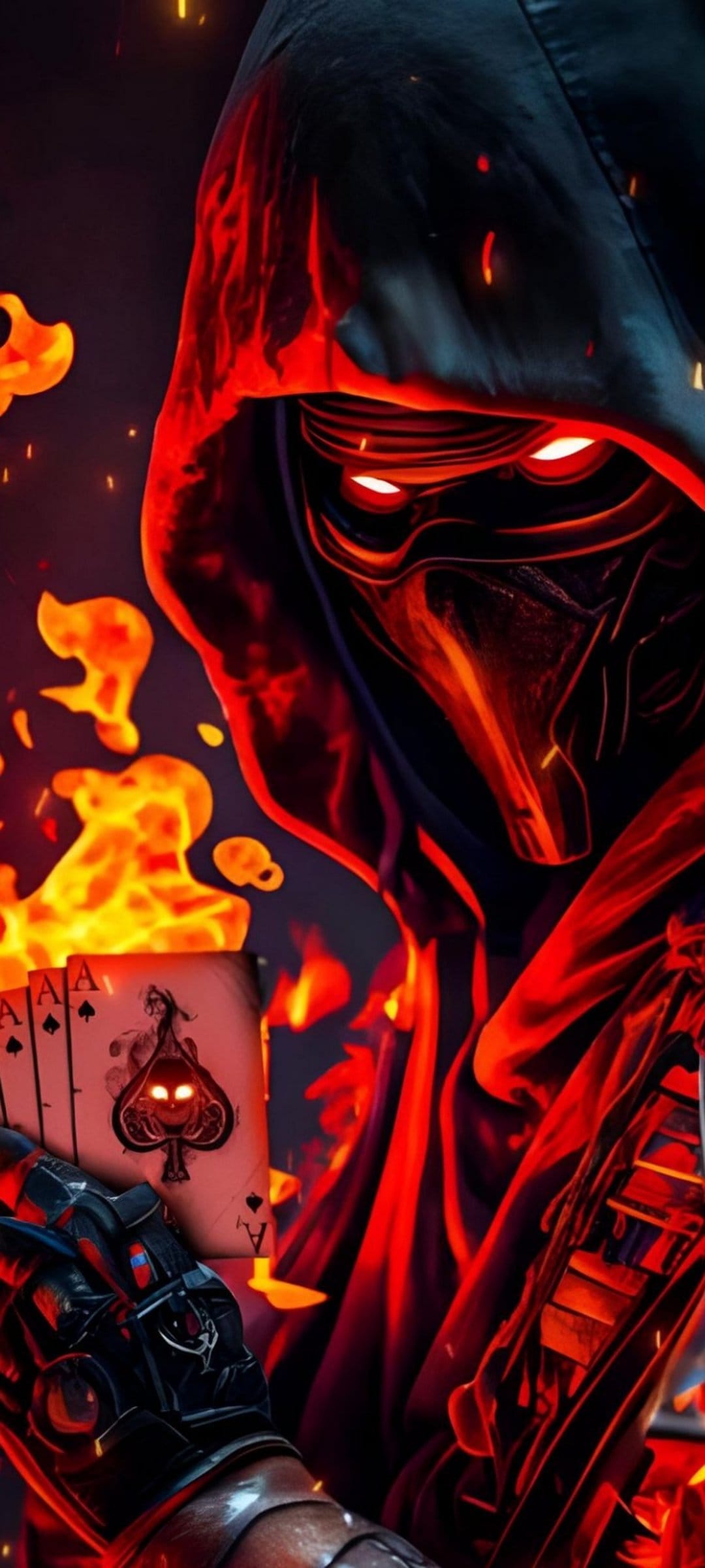 Hooded entity with glowing red eyes holds four aces with a skull emblem amidst swirling orange fire and embers.