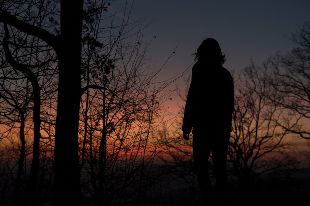 Lone person silhouetted against a fiery orange and blue sunset sky within a winter forest landscape.