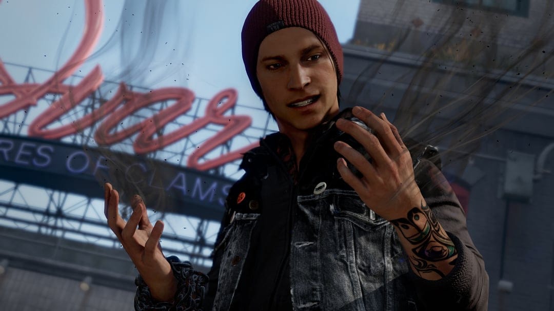 Delsin Rowe looks at swirling smoke particles between his hands against a blurred city sign background.