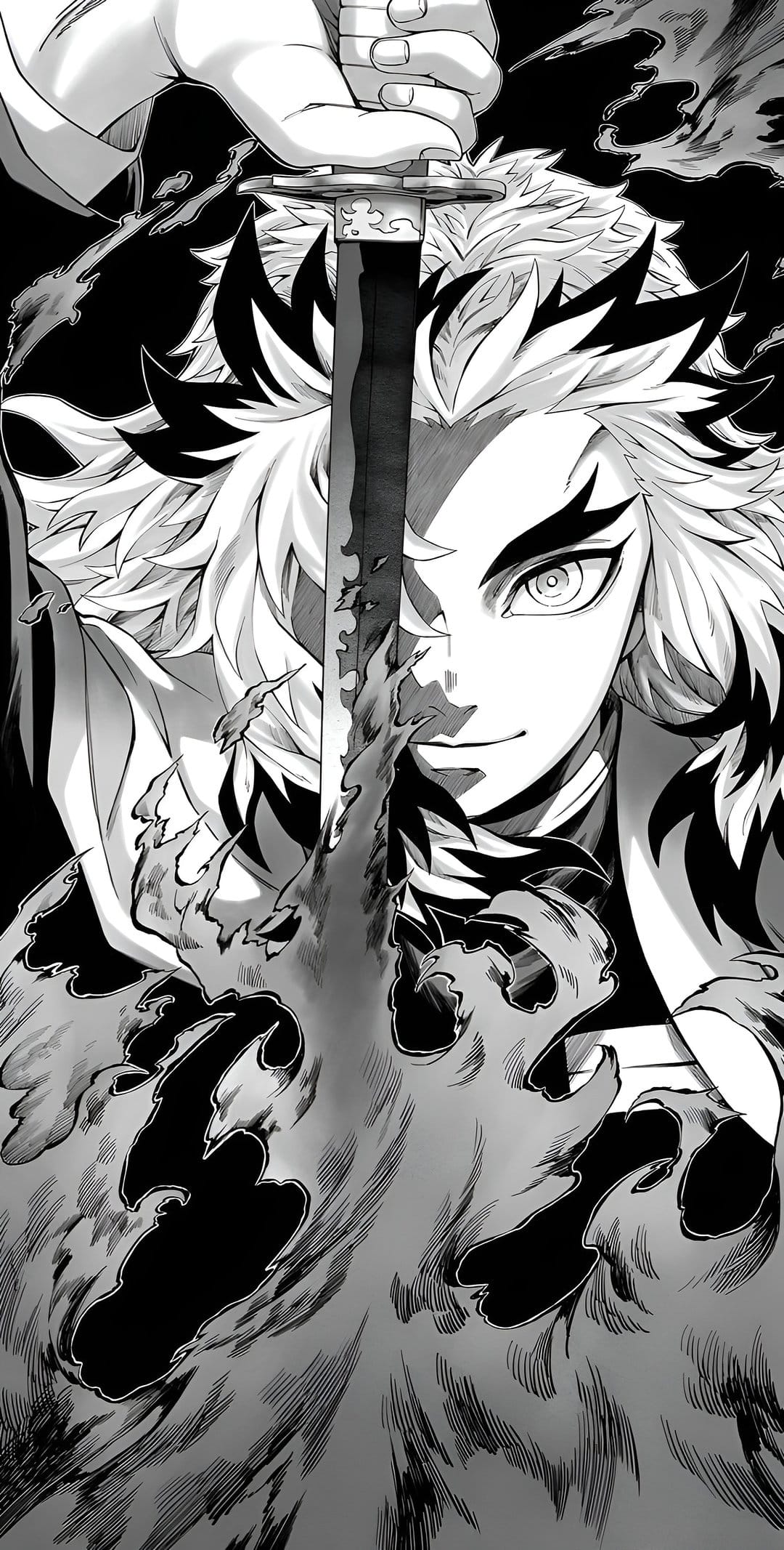 Kyojuro Rengoku lunges forward with a flaming katana in a high-contrast black and white manga action sequence.