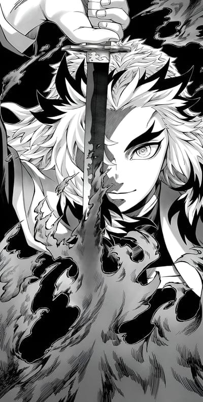 kyoujurou renguku,demon slayer,anime,guy,sword,fire,flame,drawing,black and white,art