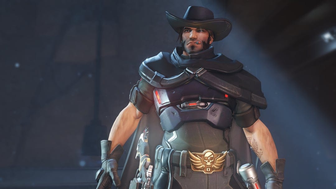 Cole Cassidy in Blackwatch skin wearing a black cowboy hat and tactical armor with a glowing red chest piece.