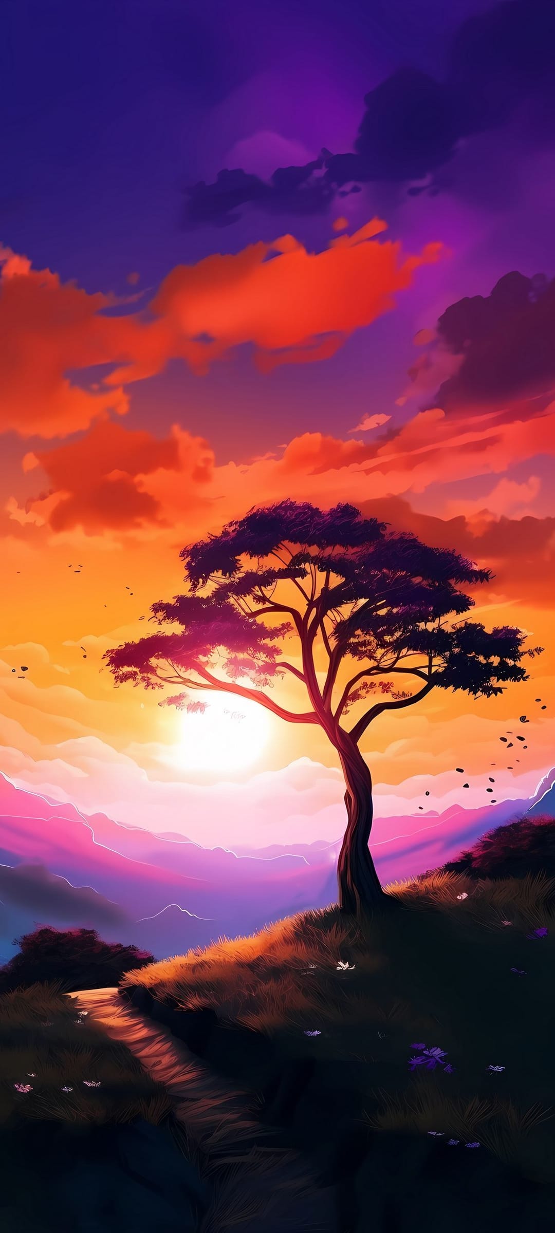 Lone tree silhouette on a hill before purple and orange mountains under a cloudy twilight sky at sunset.