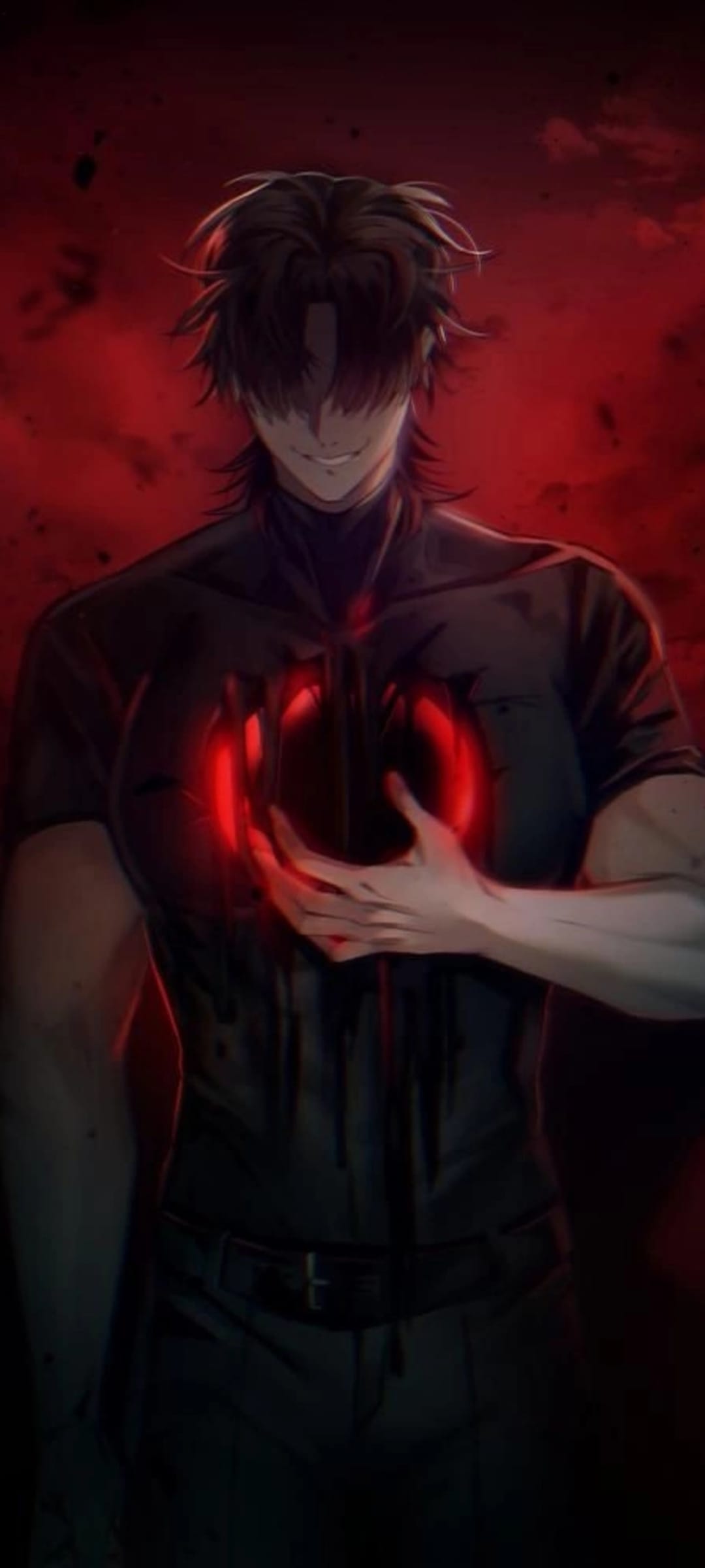 Sinister man with messy hair and a glowing red circular symbol on his chest against a splattered crimson backdrop.