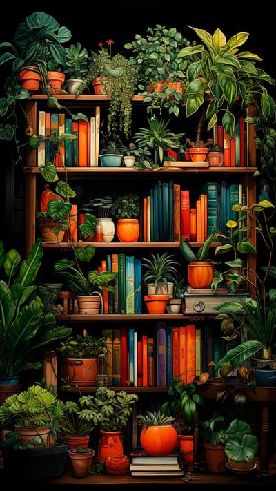 books,pots,plants,library,shelves,art
