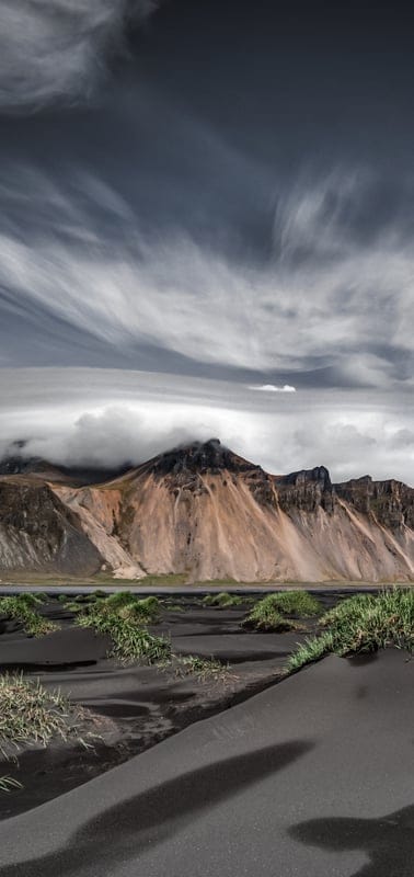 Stokksnes, Iceland, Vestrahorn, Landscape, Black Sand Beach, Mountain, Clouds, Dramatic, Nature, Outdoors, Scenic, Travel, Atmospheric, Moody, Volcanic, Coastal, Rugged, Powerful, Wild, Photography