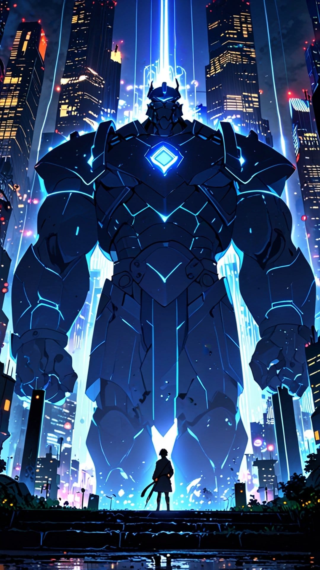 Colossal blue robot with glowing joints stands among neon skyscrapers while a person watches from below.