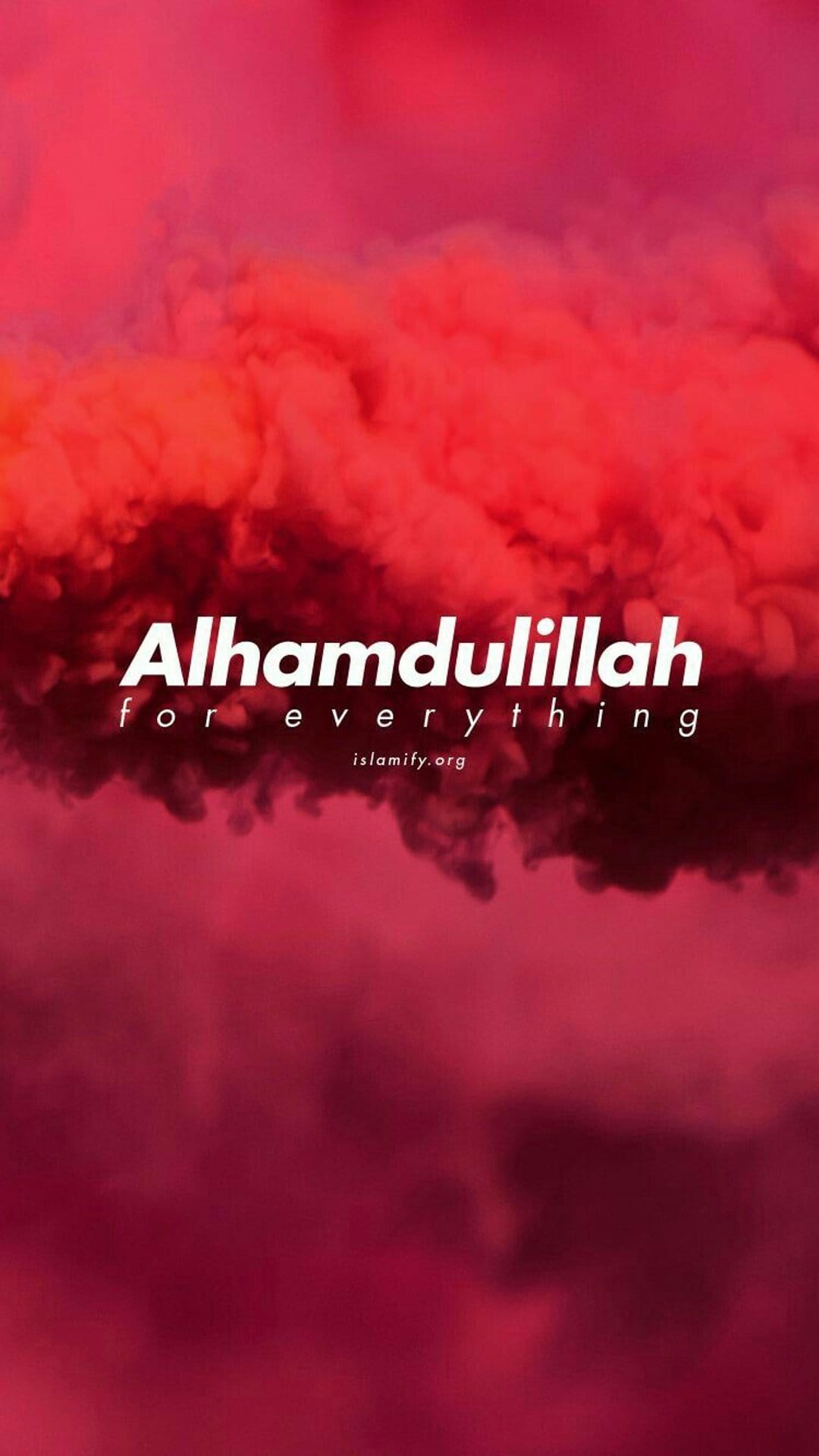 White italicized Alhamdulillah text centered over vibrant red and pink swirling smoke clouds in a vertical layout.
