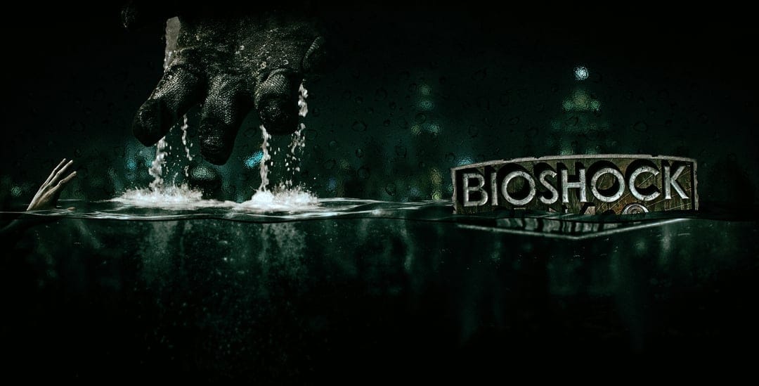 BioShock logo on water with a giant armored hand dripping water above and a glowing underwater city background.
