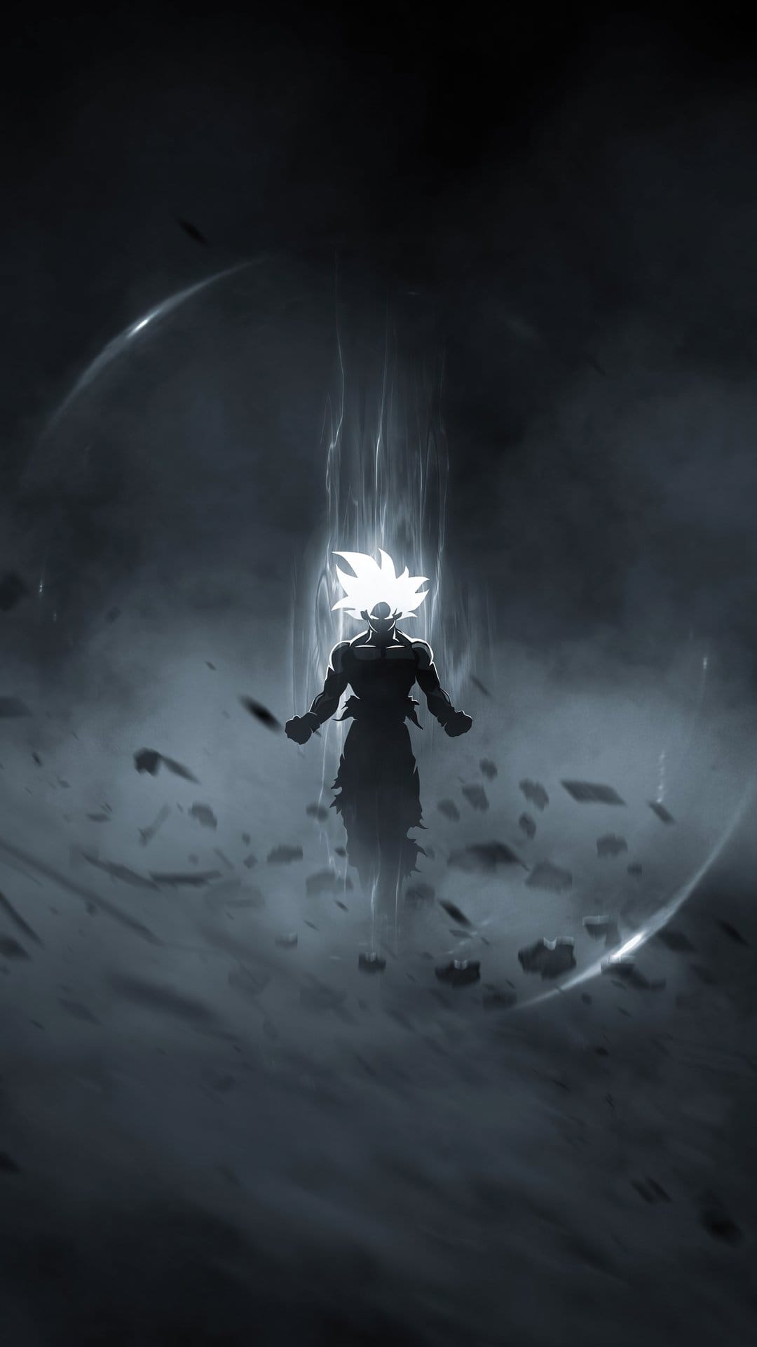 Goku in silhouette with glowing white hair and a radiant aura amidst floating debris in a dark environment.