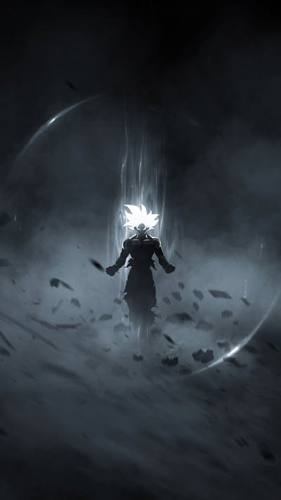 Goku, Ultra Instinct, UI, Mastered Ultra Instinct, MUI, Dragon Ball Super, Anime, Manga, Fan Art, Silhouette, Glowing Hair, White Aura, Gray Scale, Dark Art, Powerful, Awakening, Energy, Minimalist, Digital Art, Wallpaper, Cinematic