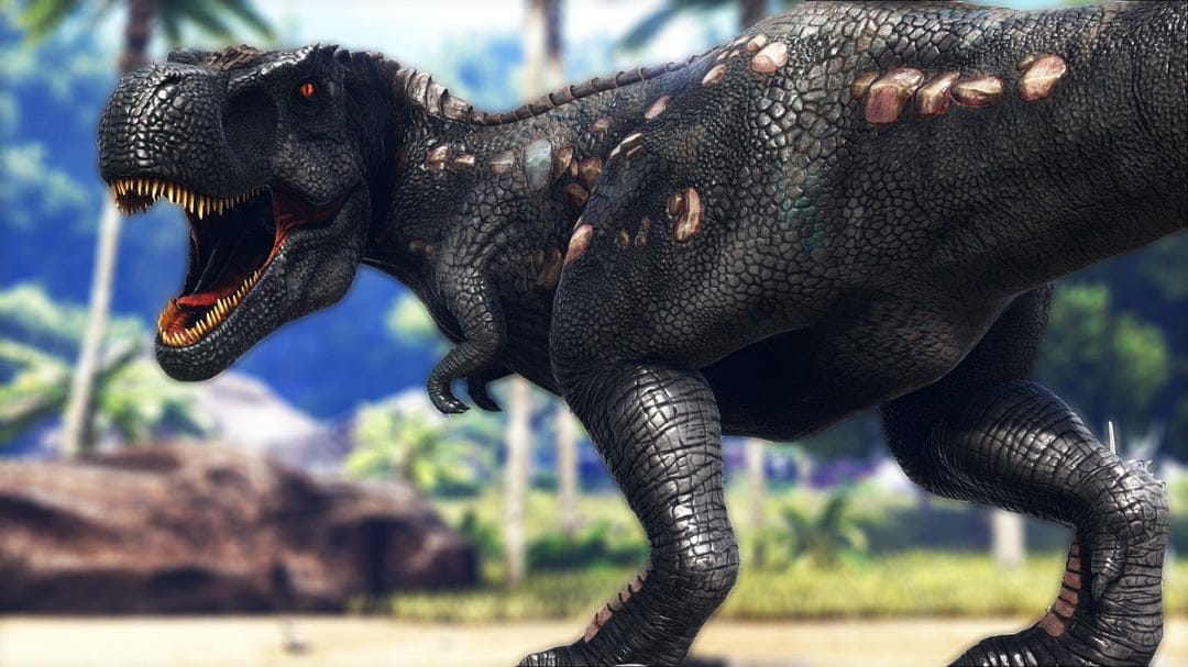 A black Tyrannosaurus Rex with tan scales roars fiercely in a blurred tropical prehistoric jungle landscape.