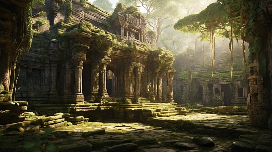 Moss-covered stone ruins stand amidst thick jungle foliage with sunlight streaming through a dense green canopy.