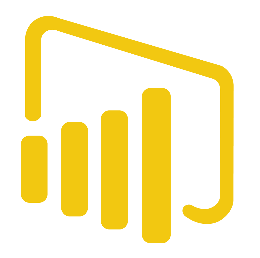 Power BI logo featuring three yellow vertical bars of varying heights on a transparent background.