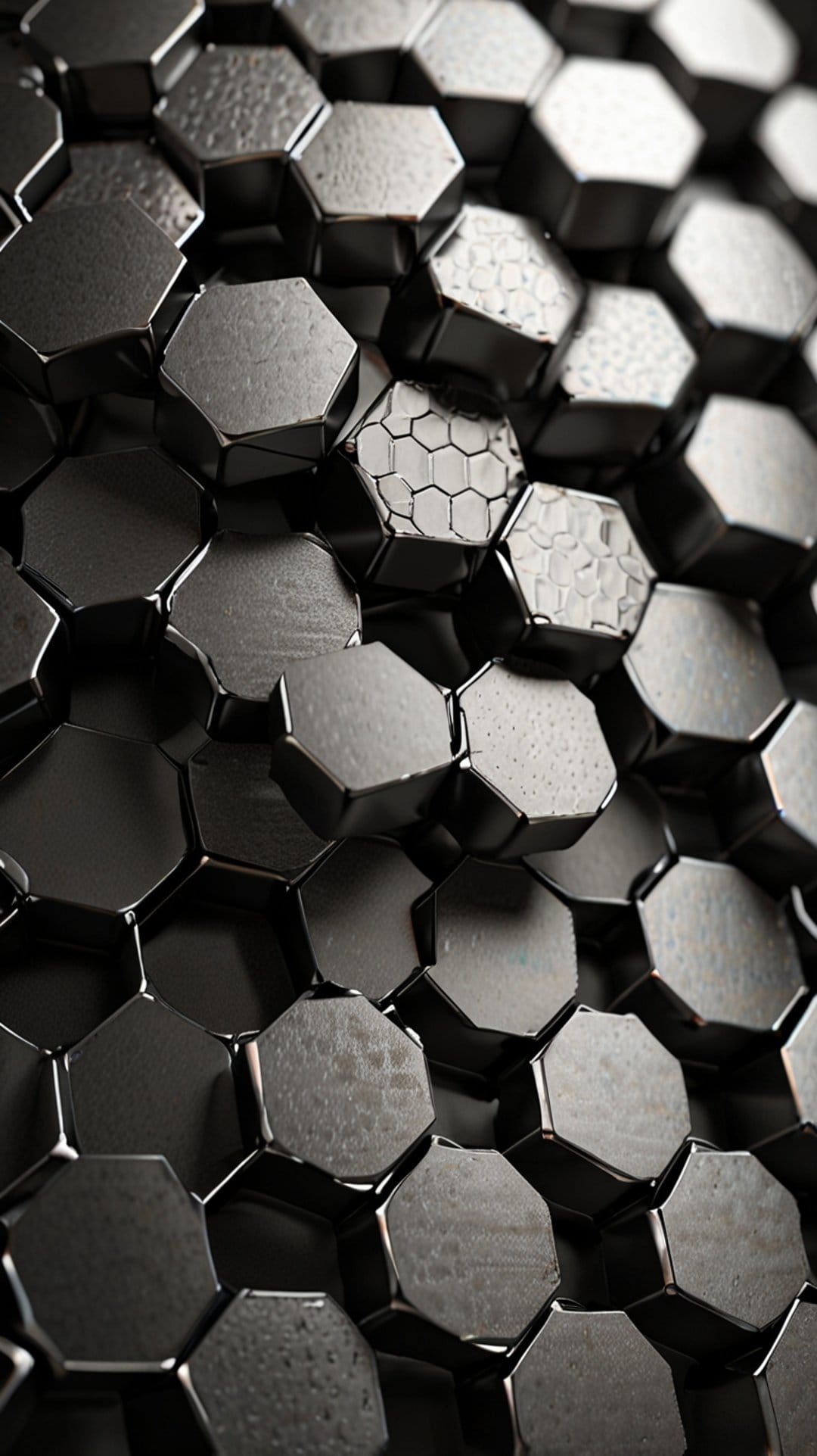 Dark gray metal hexagons in a honeycomb pattern with subtle shadows and varying reflective textures.