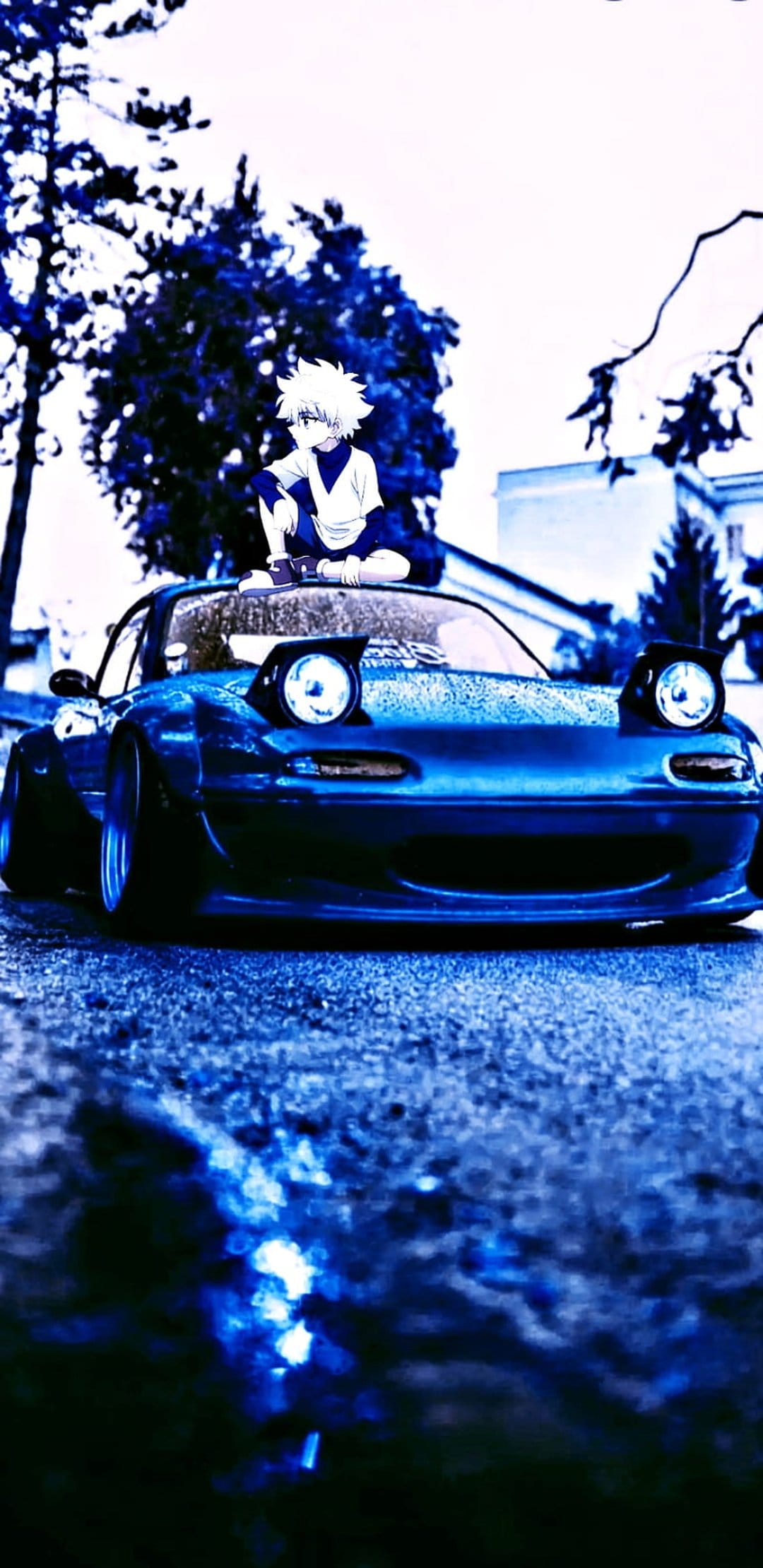 White-haired character sits on a blue sports car with glowing headlights against a dark urban background.