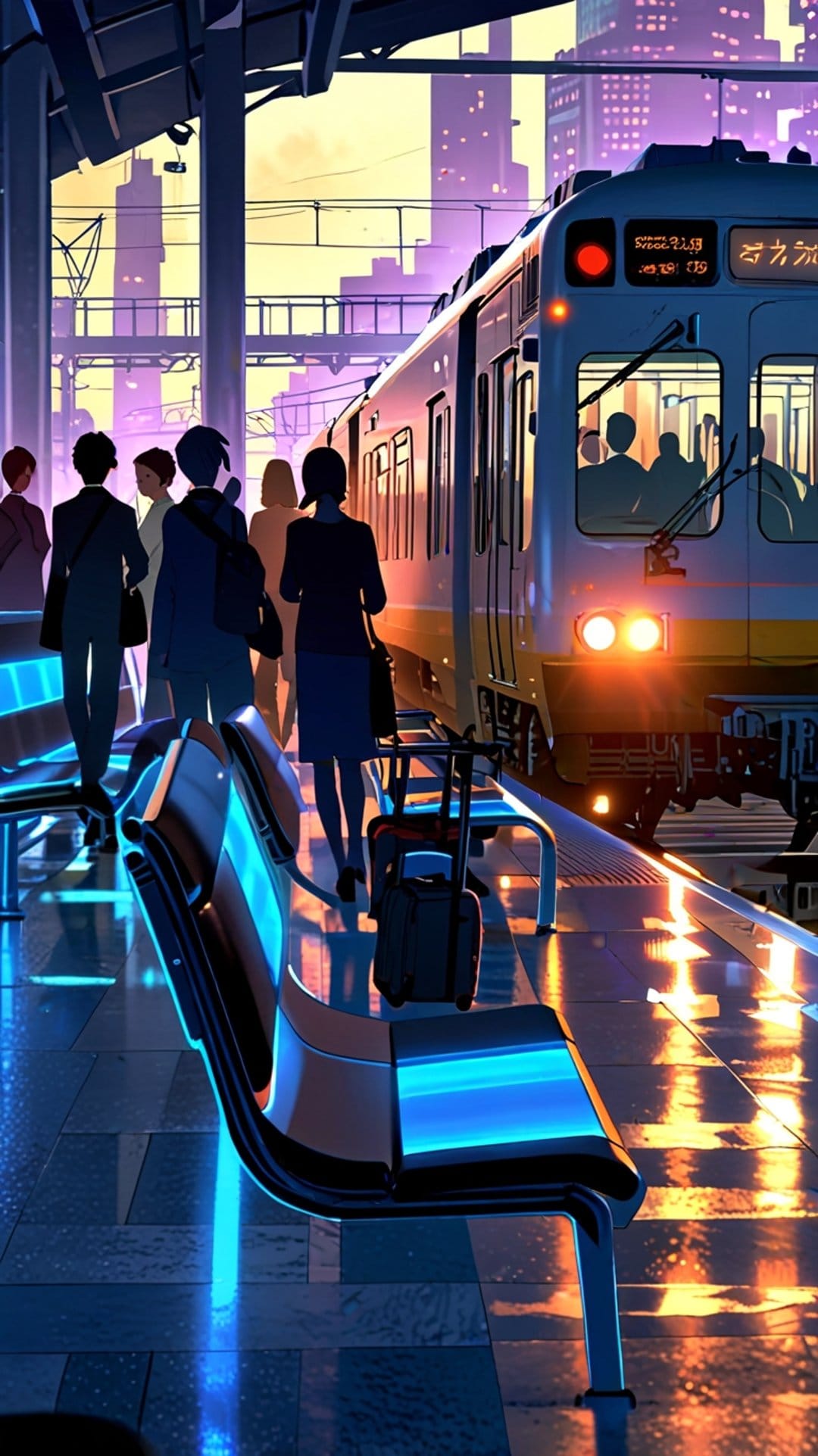 Travelers wait on a neon-lit station platform next to a sleek train during a golden blue hour at sunset.