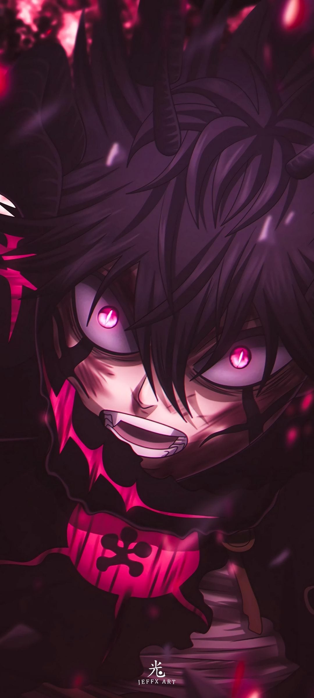 Asta from Black Clover shows glowing pink eyes and sharp teeth amid swirling red energy in a dark setting.