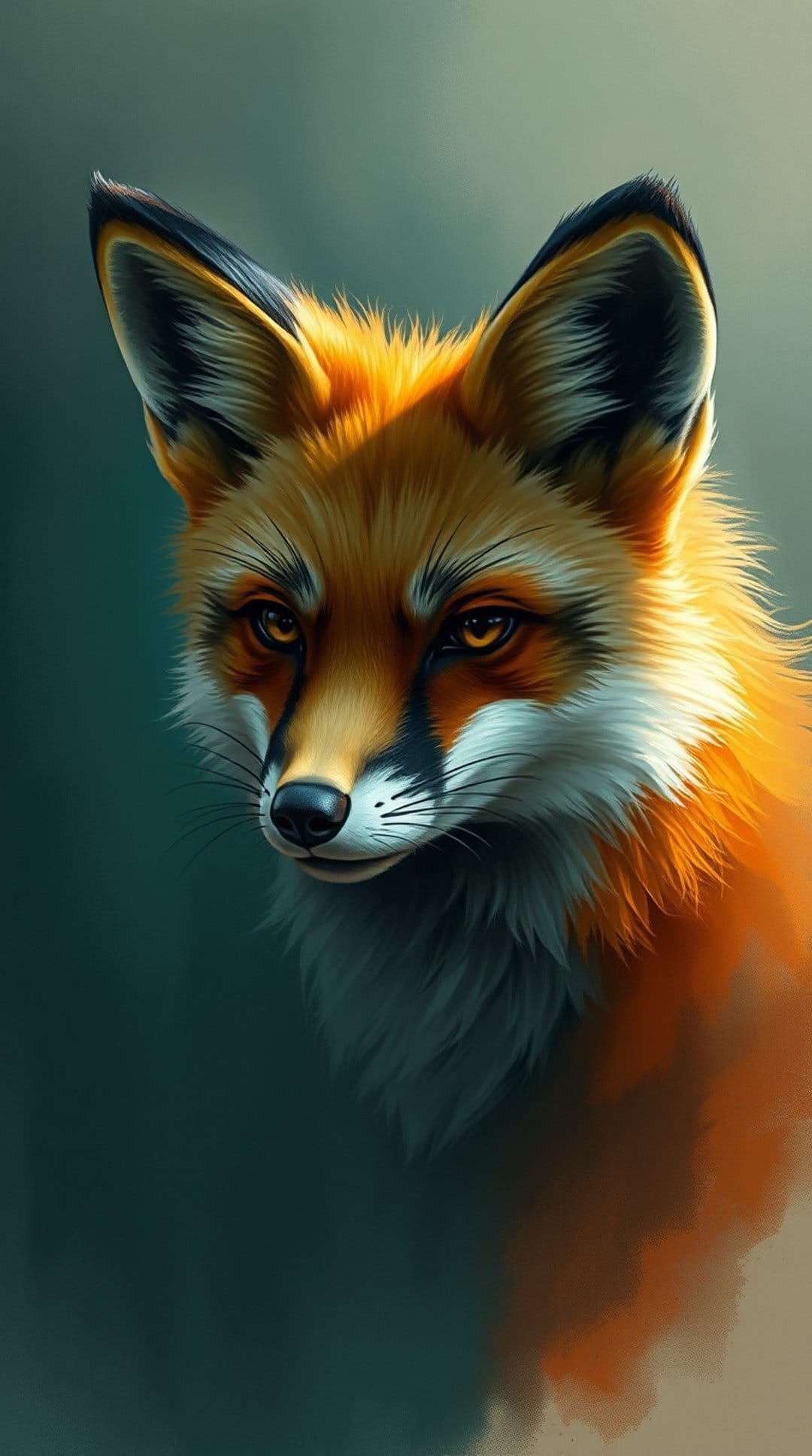 Red fox with fiery orange fur and white chest markings stares forward with piercing amber eyes against a blurred forest.
