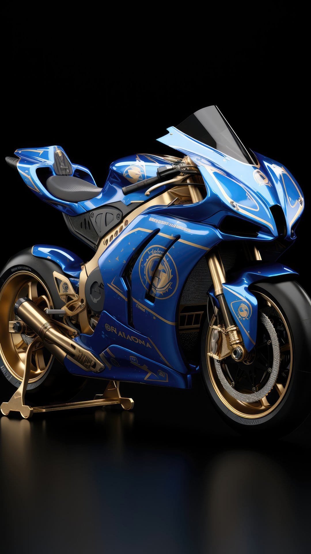 Custom blue sportbike with gold tribal graphics and metallic accents stands before a solid black background.