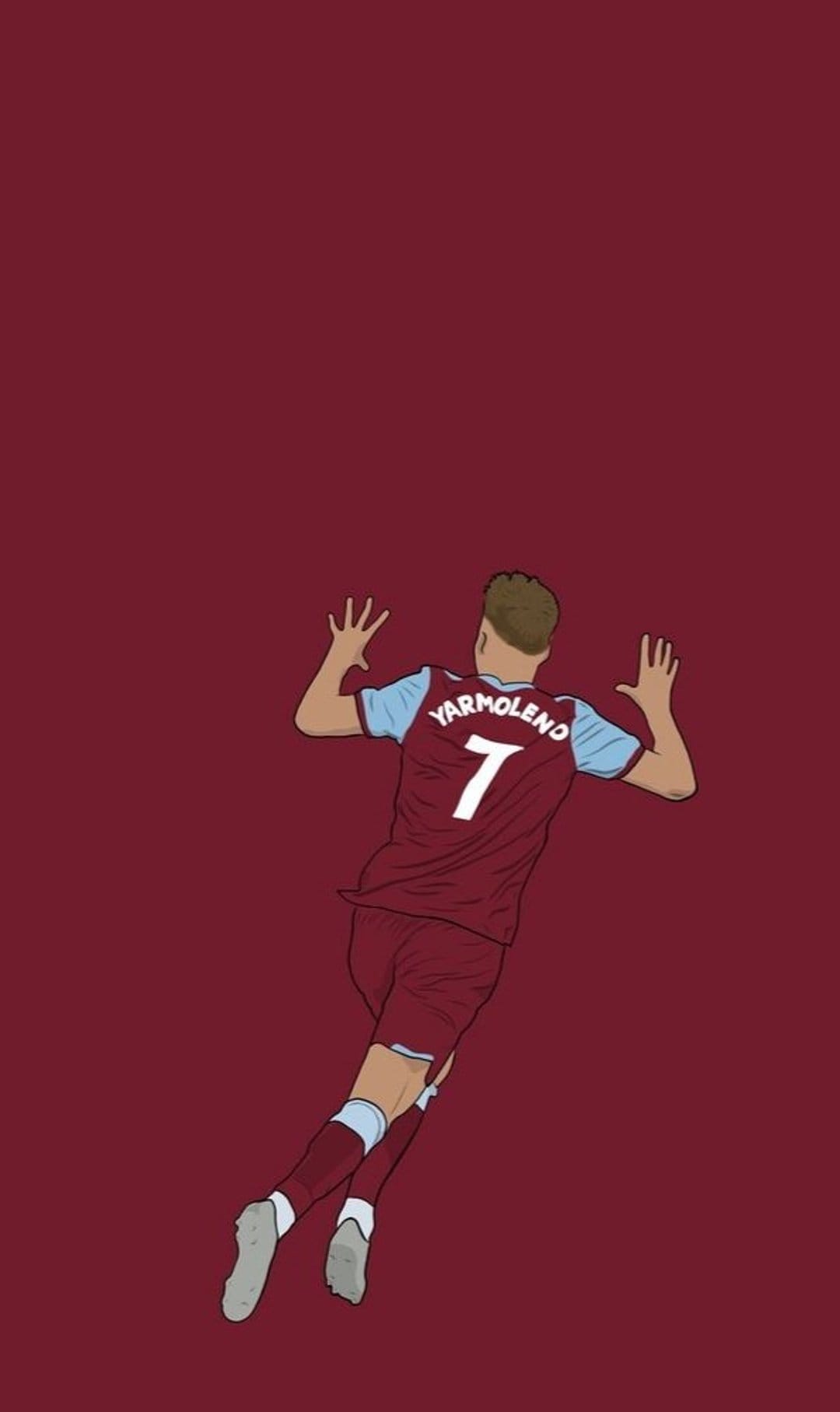 Andriy Yarmolenko wearing a West Ham number 7 claret and blue jersey viewed from behind on a maroon background.
