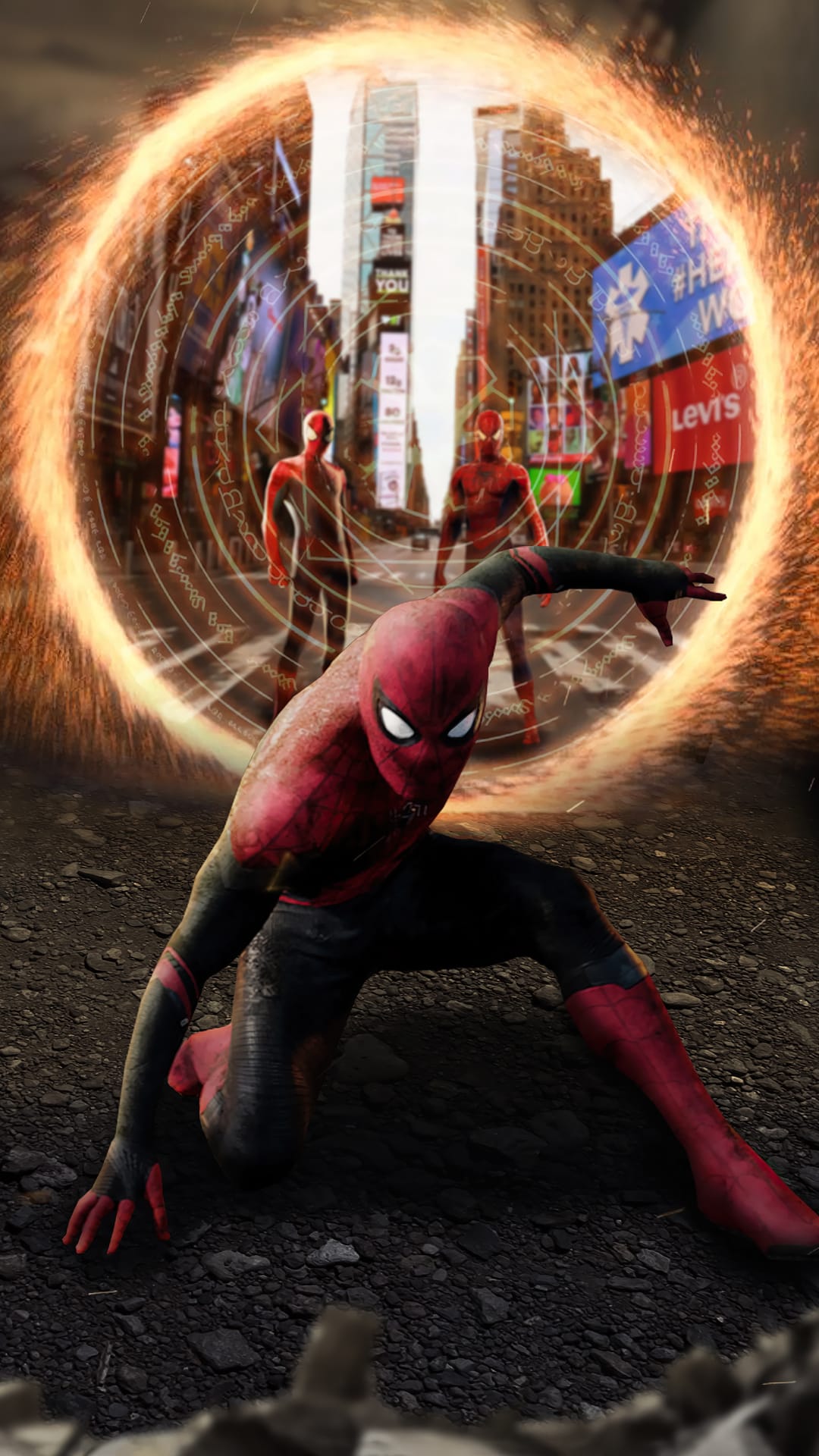 Spider-Man crouches on a wet street beneath a sparkling gold portal surrounded by New York City billboards.