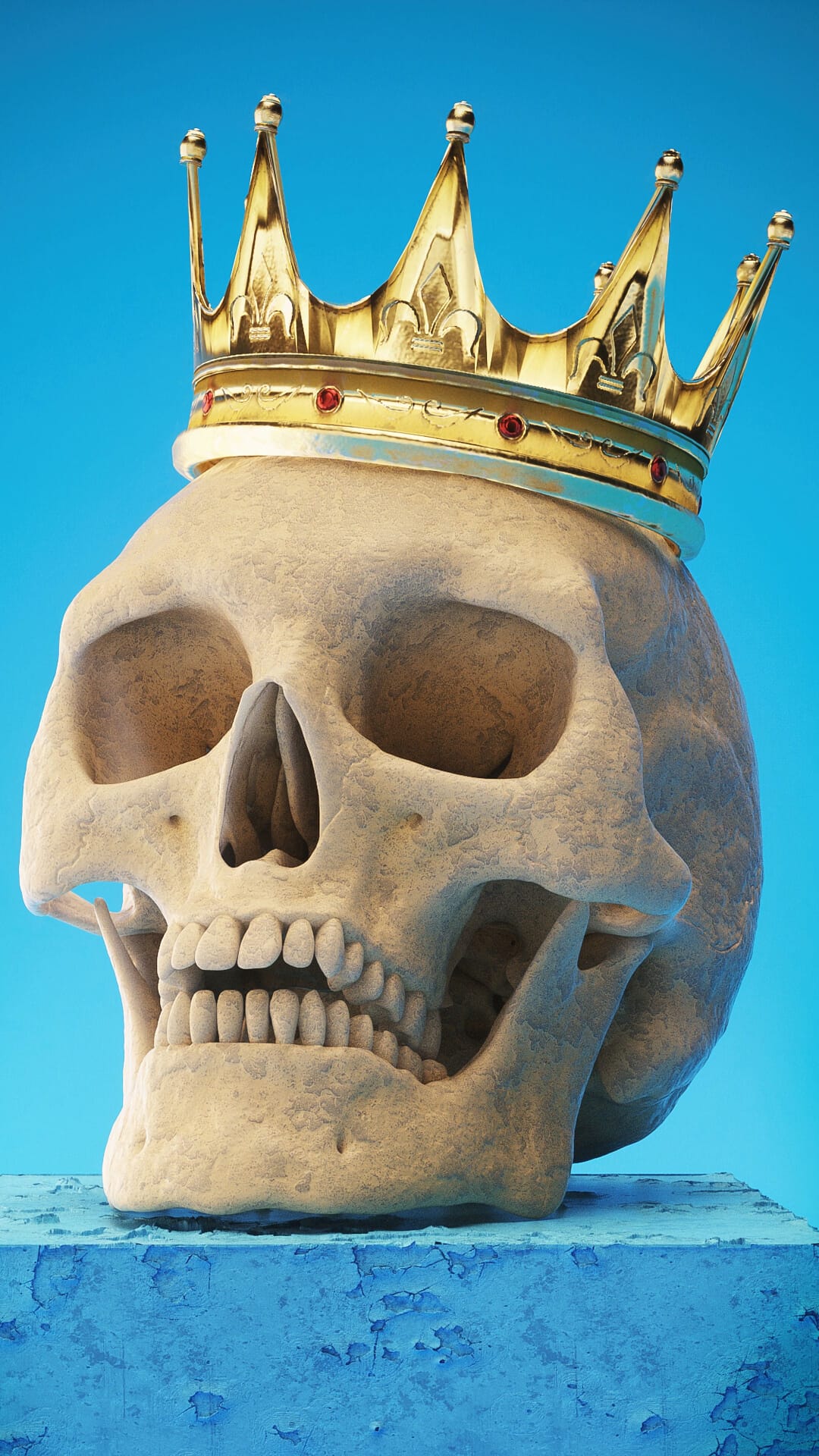 Human skull wearing a jeweled gold crown sits on a blue pedestal against a matching solid blue background.
