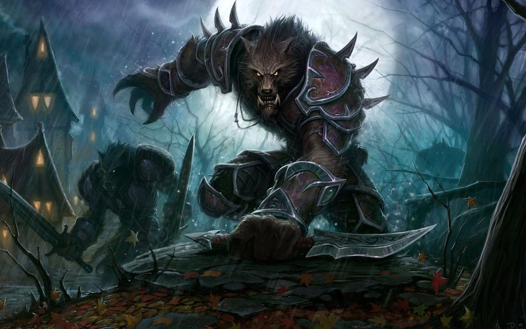 Armored werewolf with glowing eyes crouches in a rainy forest holding large blades under a full moon.