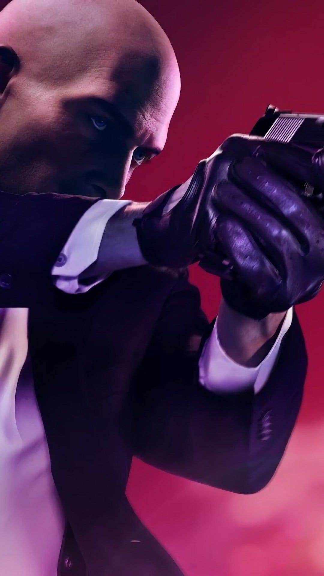 Agent 47 aiming a silenced pistol with leather-gloved hands under cinematic purple lighting in a close-up portrait.