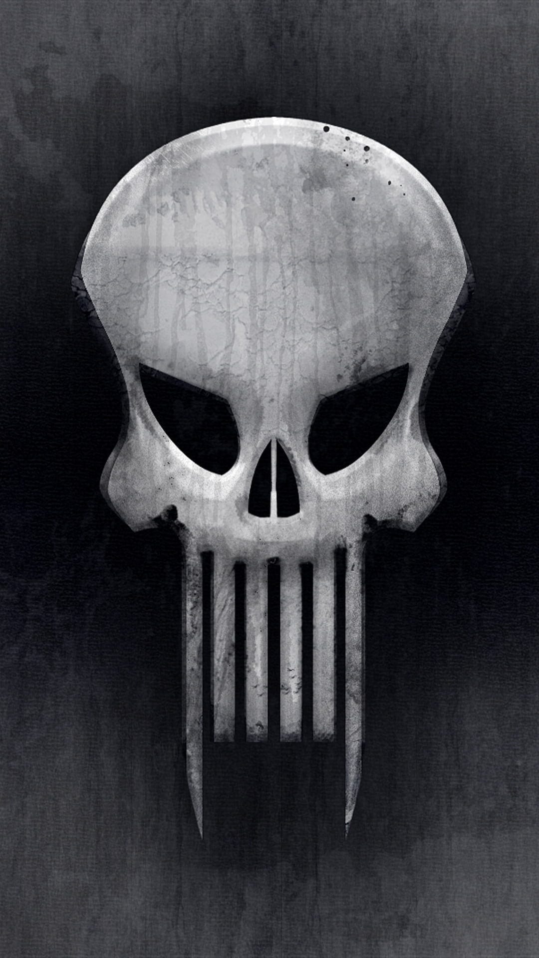 Punisher skull insignia with a weathered white paint texture and liquid streaks over a black backdrop.
