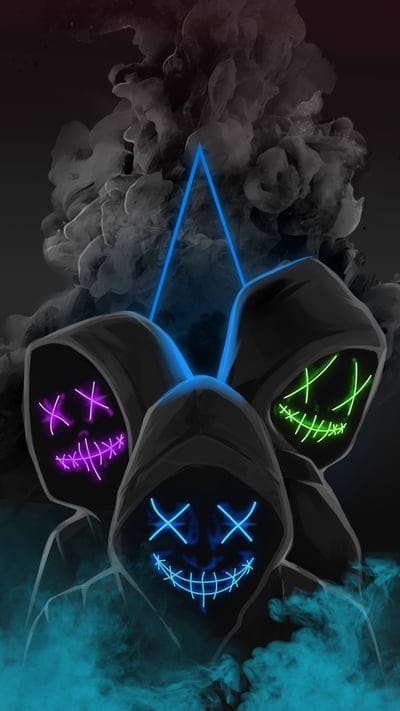 mask,hood,neon,colored smoke