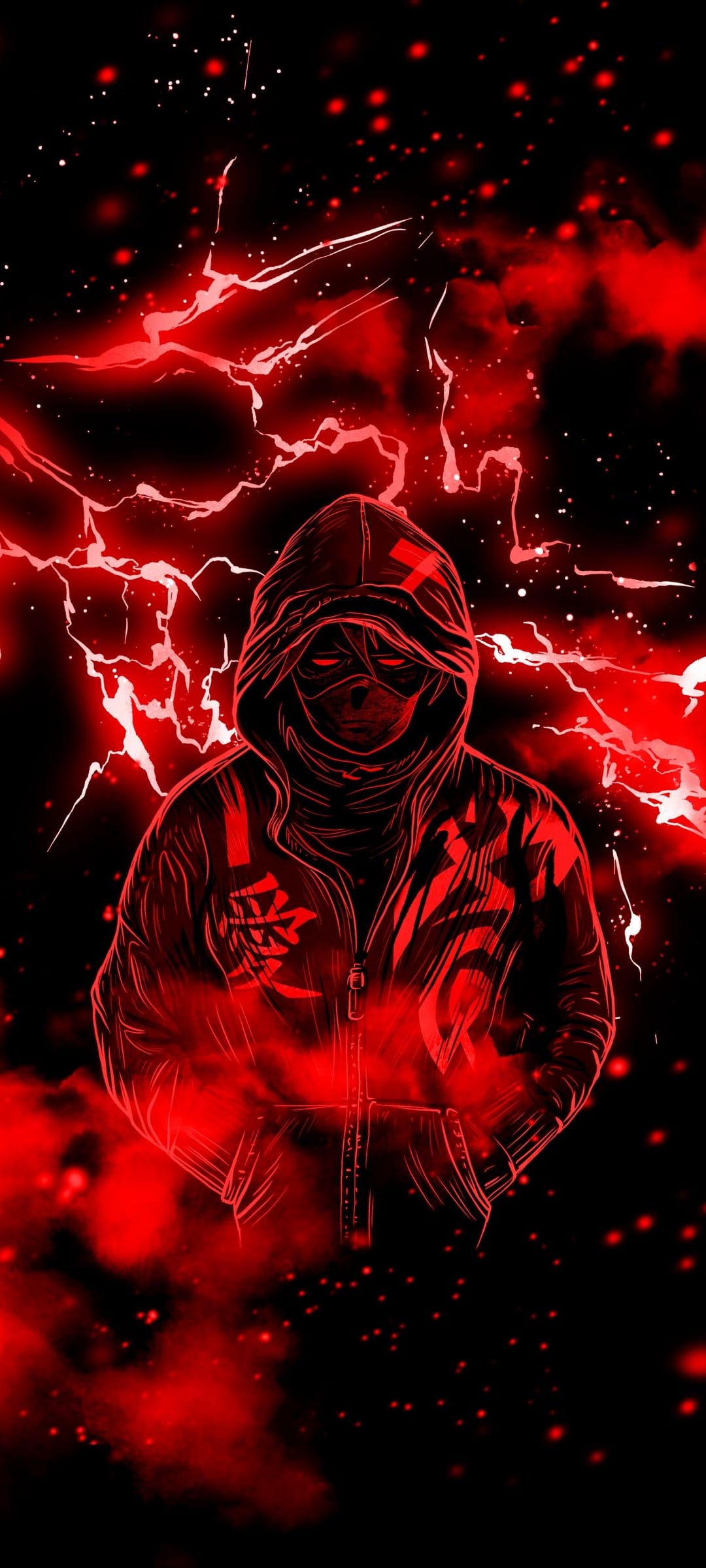 Cloaked person in a red jacket stands before crimson lightning strikes and glowing embers on a dark backdrop.