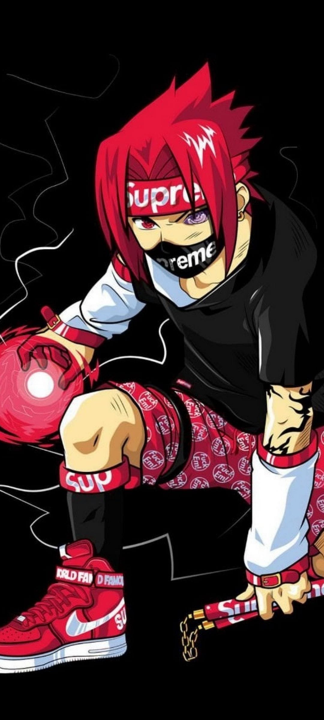 Sasuke Uchiha in a branded face mask holds red energy and nunchucks, wearing modern sneakers and shorts.
