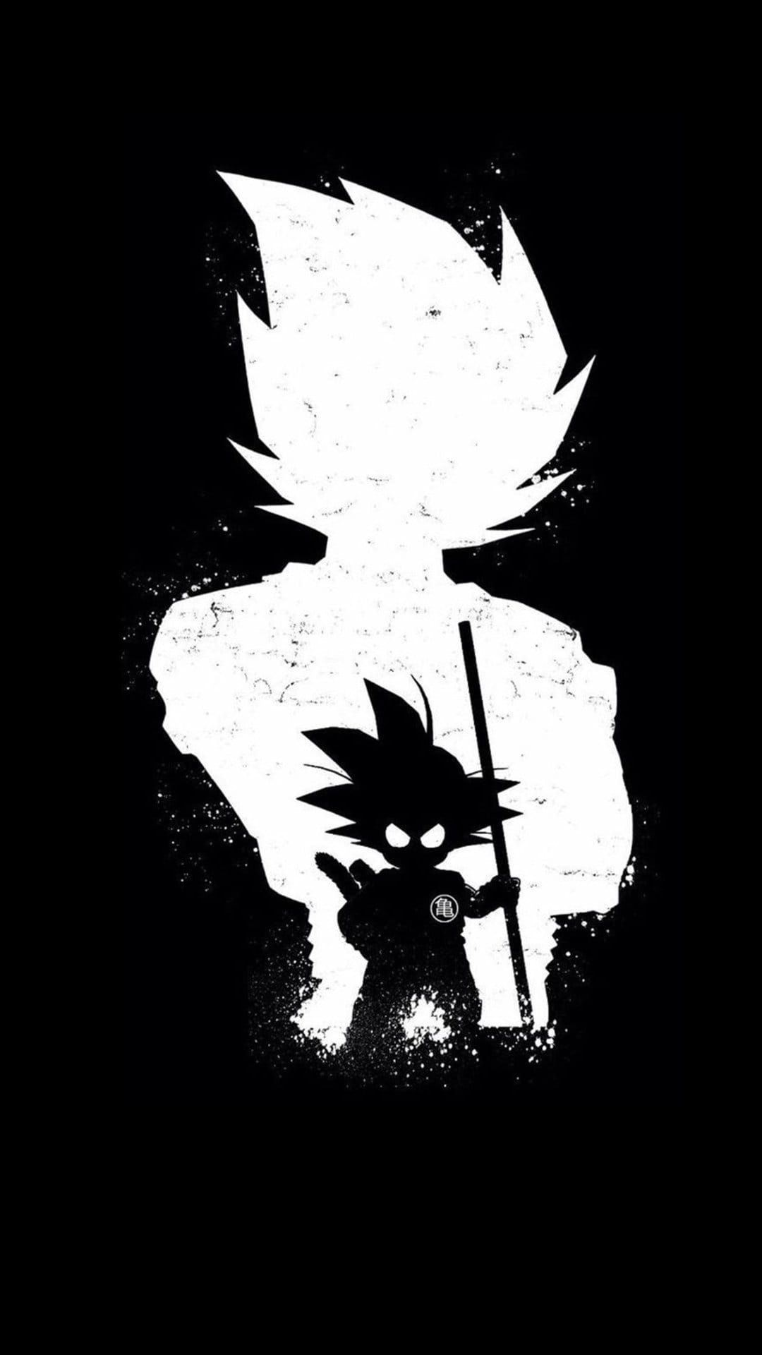 Adult Goku white silhouette enclosing a smaller Kid Goku shadow with a staff on a solid black background.