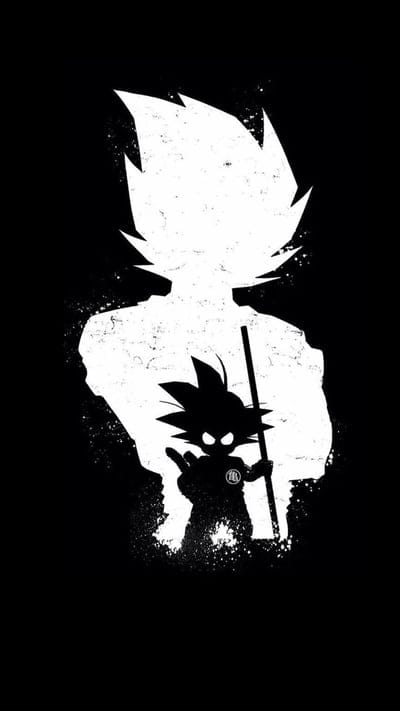 Goku, Dragon Ball, Dragon Ball Z, Dragon Ball Super, Kid Goku, Adult Goku, Silhouette, Minimalist, Black and White, Evolution, Growth, Power Pole, Kanji, Saiyan, Anime, Manga, Fan Art, Digital Art, Wallpaper, Iconic