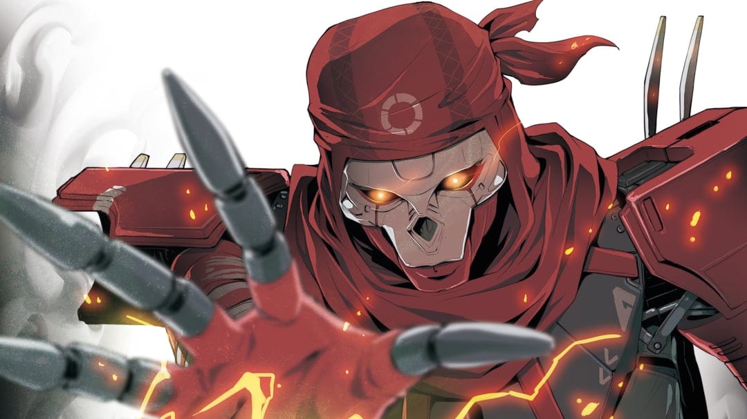 Revenant from Apex Legends reaches forward with a metallic clawed hand, featuring glowing orange eyes and red hood.
