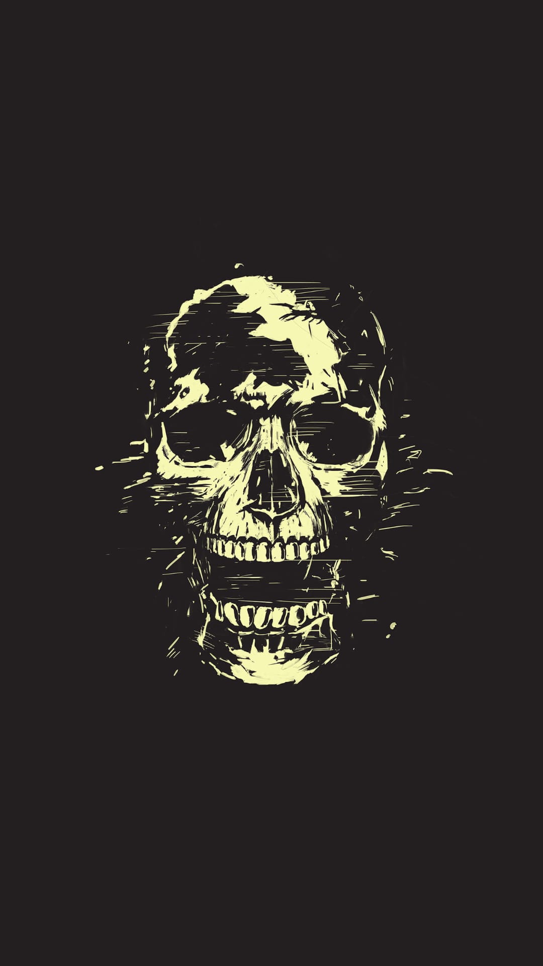 Distressed yellow skull with an agape jaw and hollow eyes centered on a deep black vertical background.