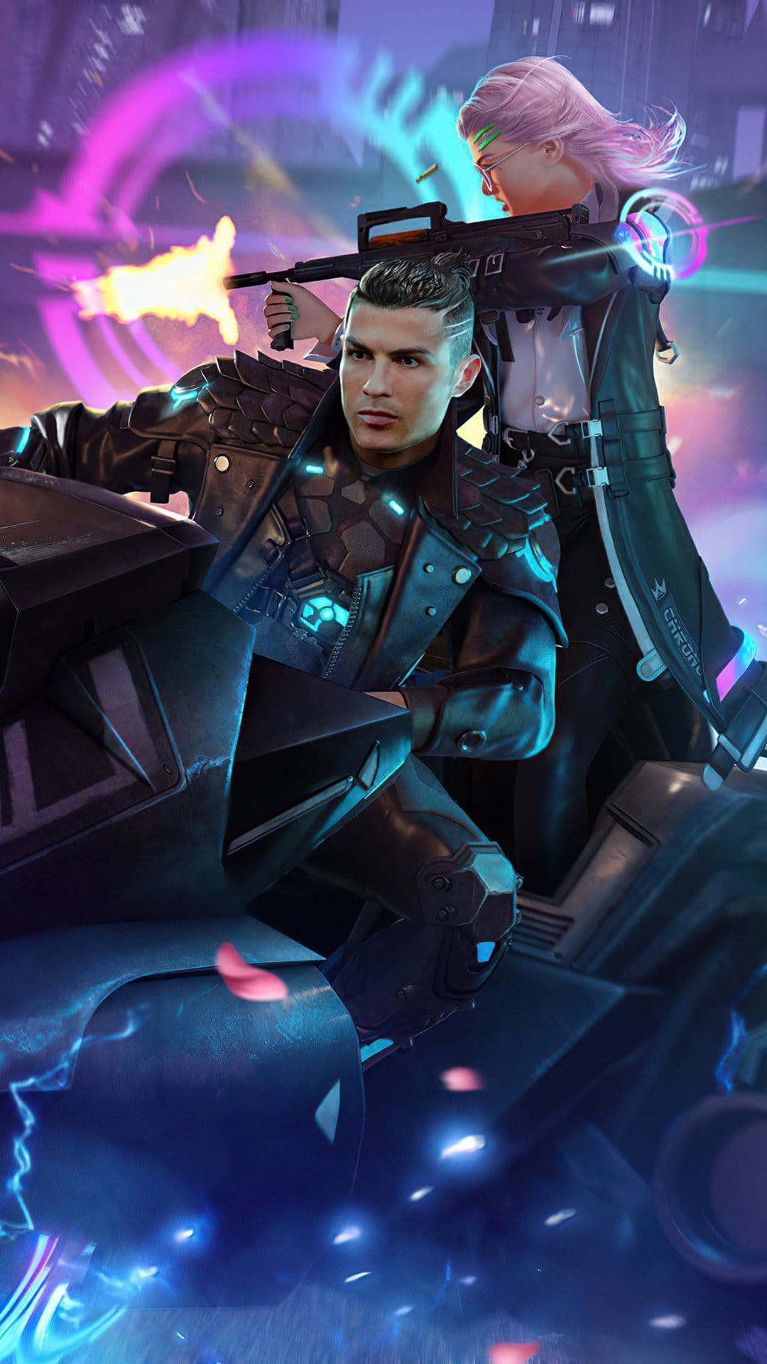 Chrono and a pink-haired woman on a futuristic motorcycle with neon lights and a firing weapon in a cyberpunk city.