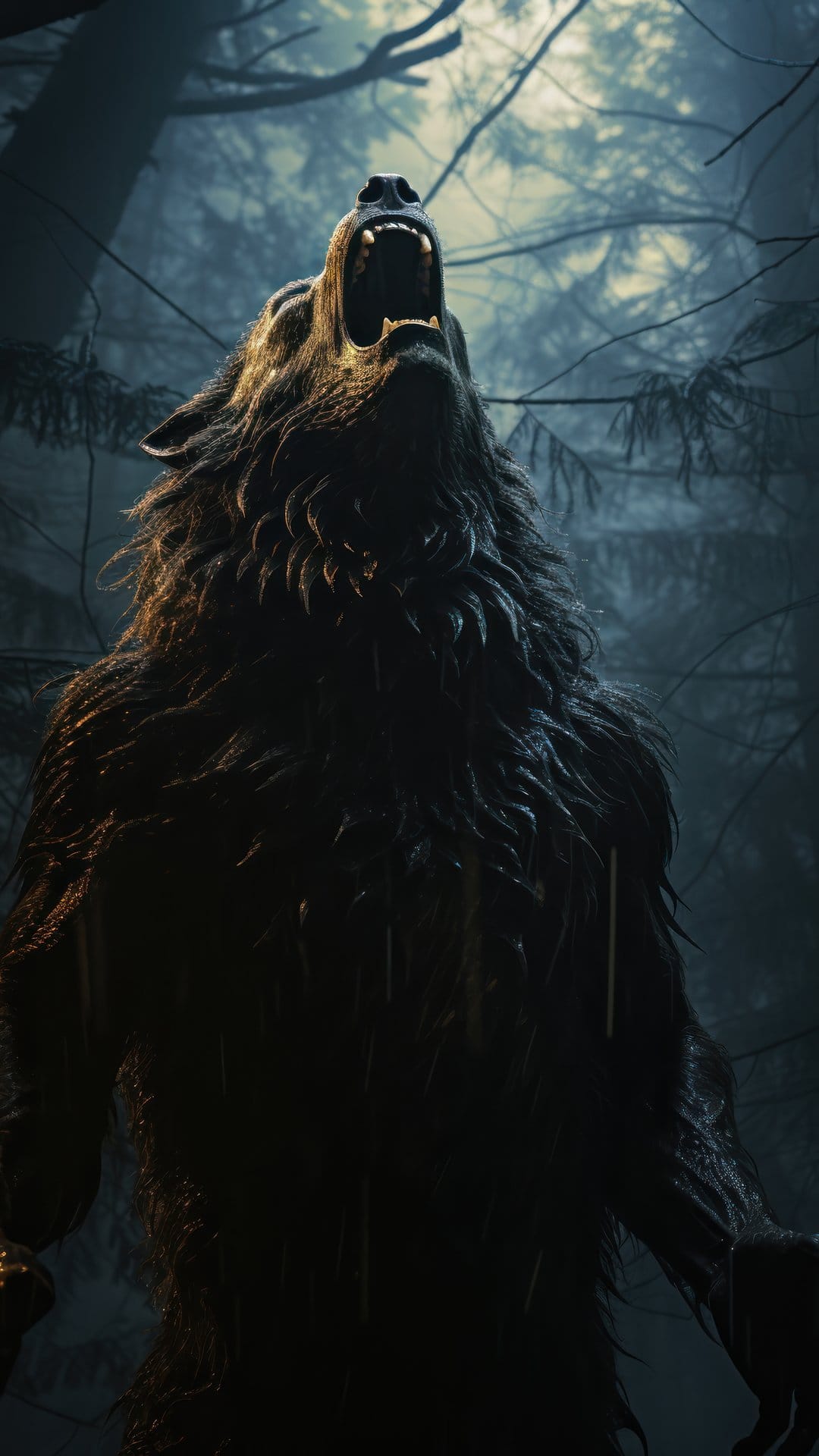 Werewolf with matted fur howls among skeletal trees in a dark misty forest during a heavy rainstorm.