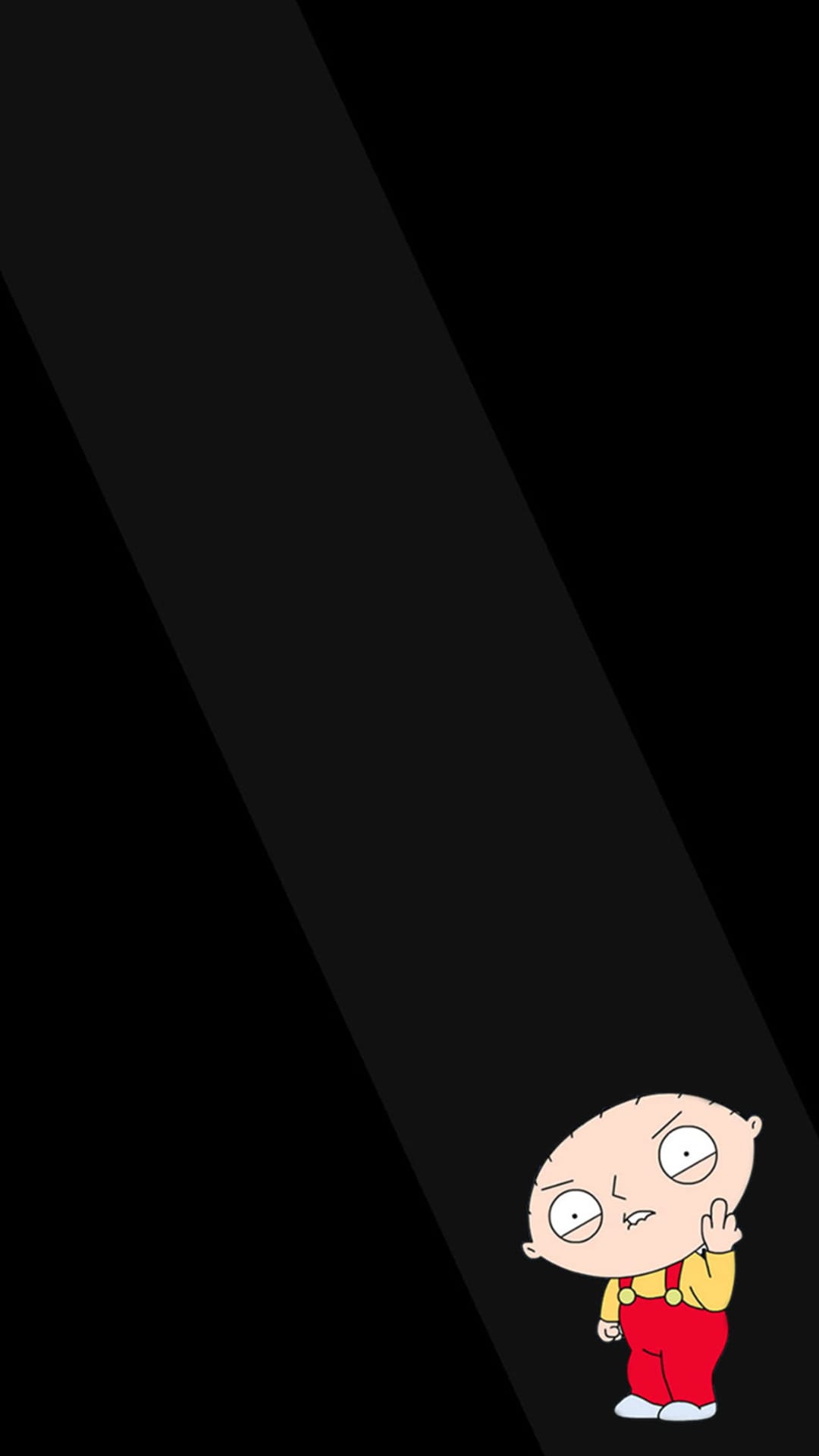 Stewie Griffin makes a defiant middle finger gesture against a black background with diagonal lighting.