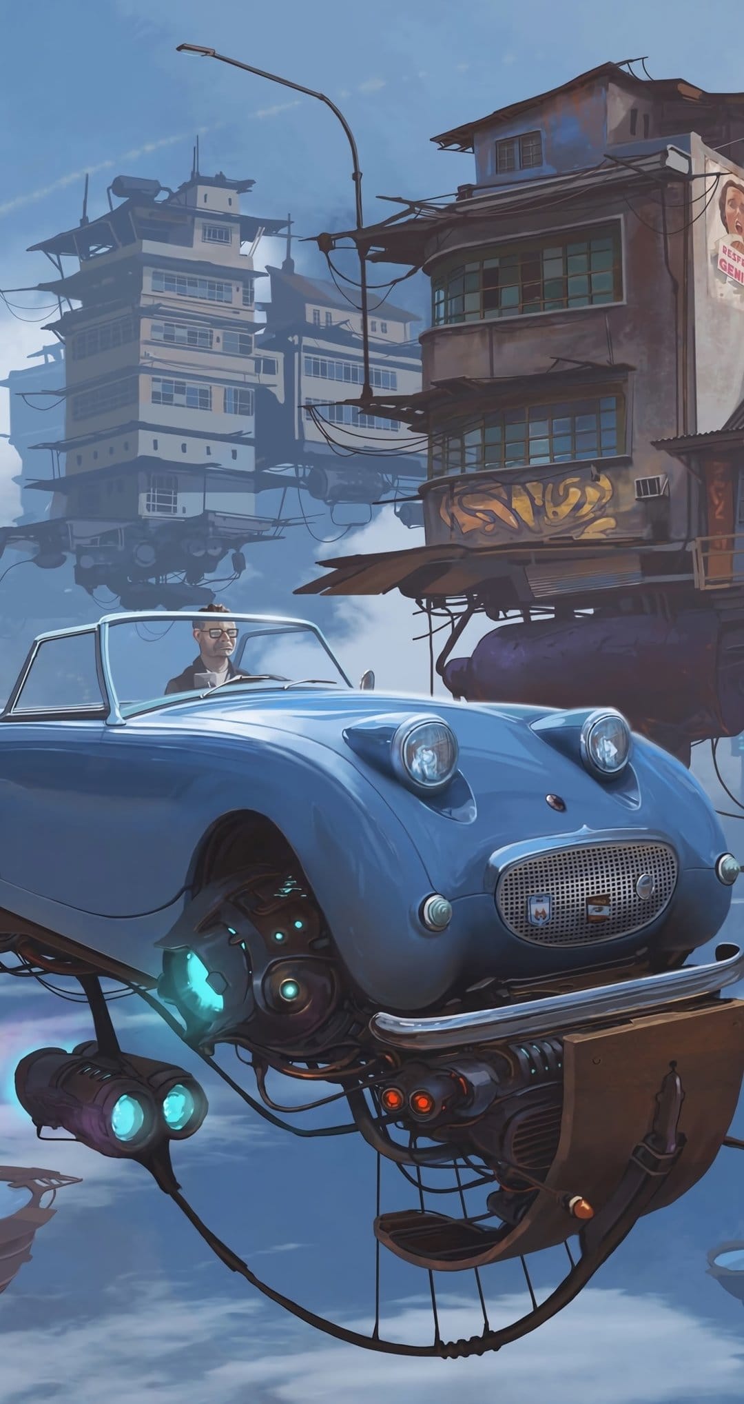 Blue flying convertible car glides past floating Asian buildings and pagodas high above a misty cloud layer.