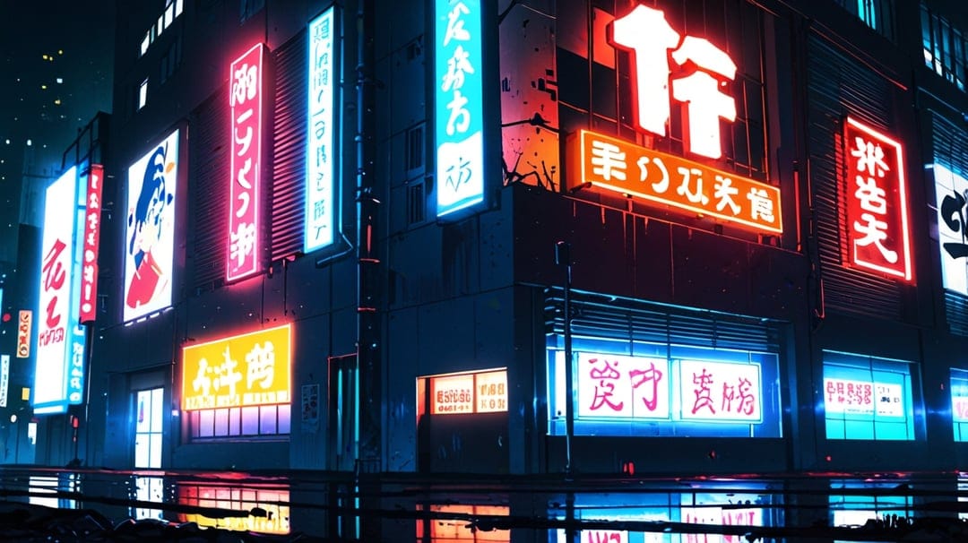Japanese neon signs and glowing advertisements reflect on rain-drenched pavement in a dark futuristic alleyway.