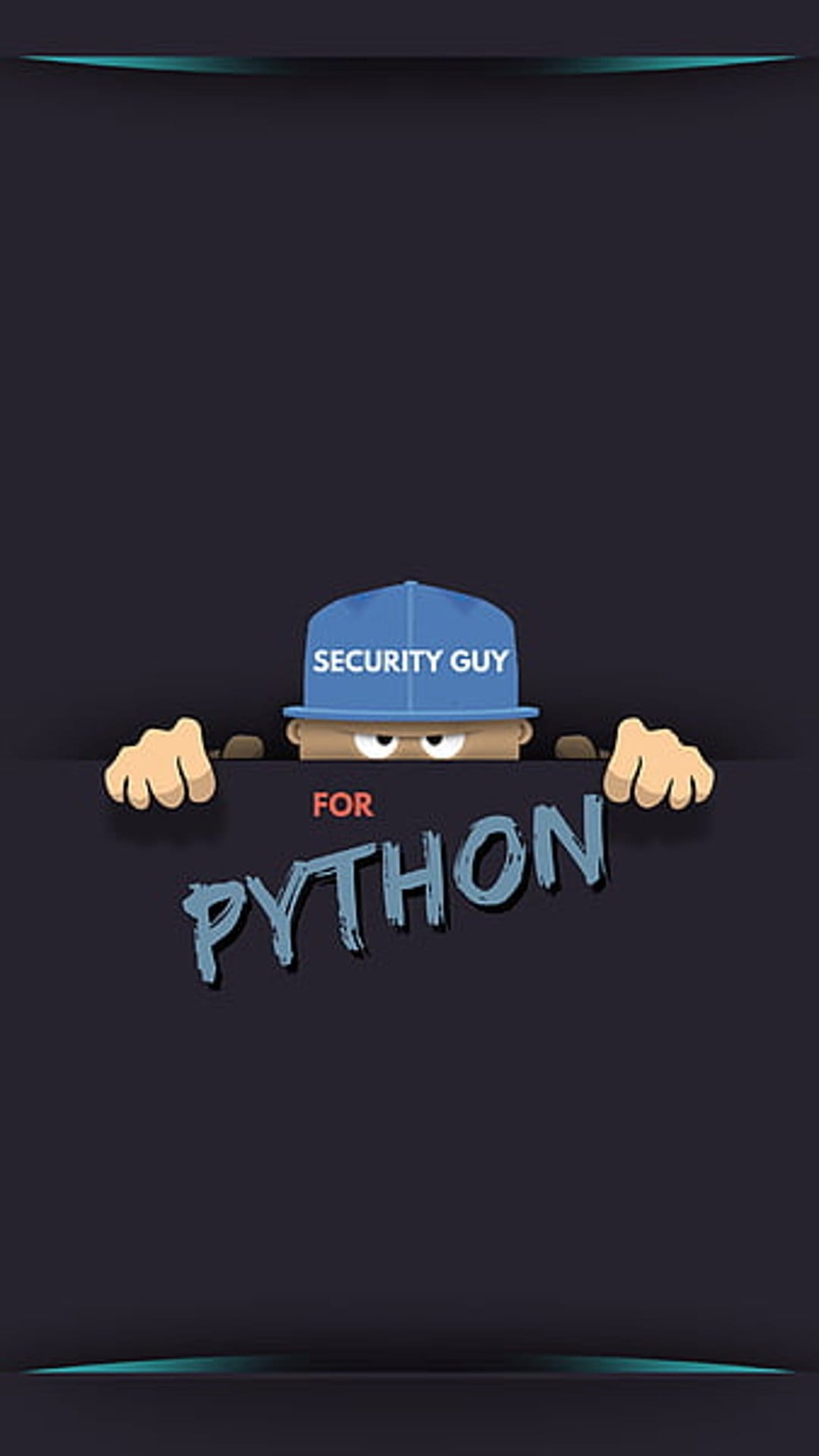 Cartoon security guard wearing a blue cap peeking over a ledge with FOR PYTHON text on a dark background.