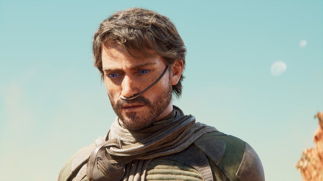 Man in a desert stillsuit with glowing blue eyes and nasal tube against a bright sky with two moons.