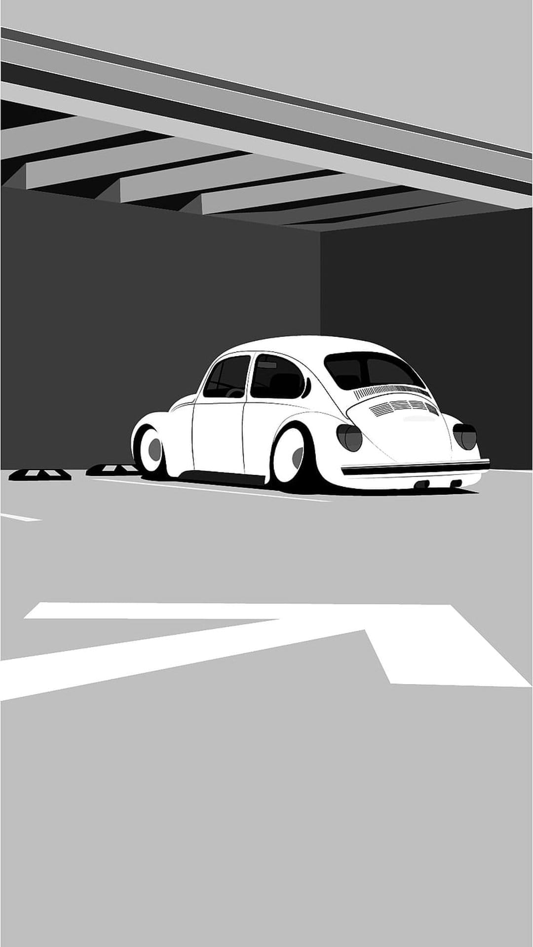 White Volkswagen Beetle with a lowered suspension parked under a concrete overhang with linear floor markings.