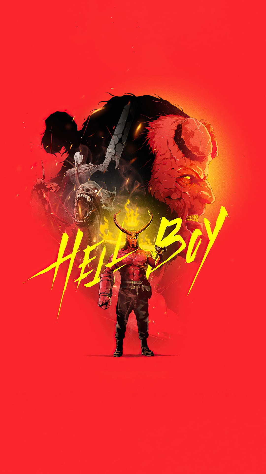 Hellboy with sawed-off horns stands before a fiery background of monsters and embers in a red portrait frame.