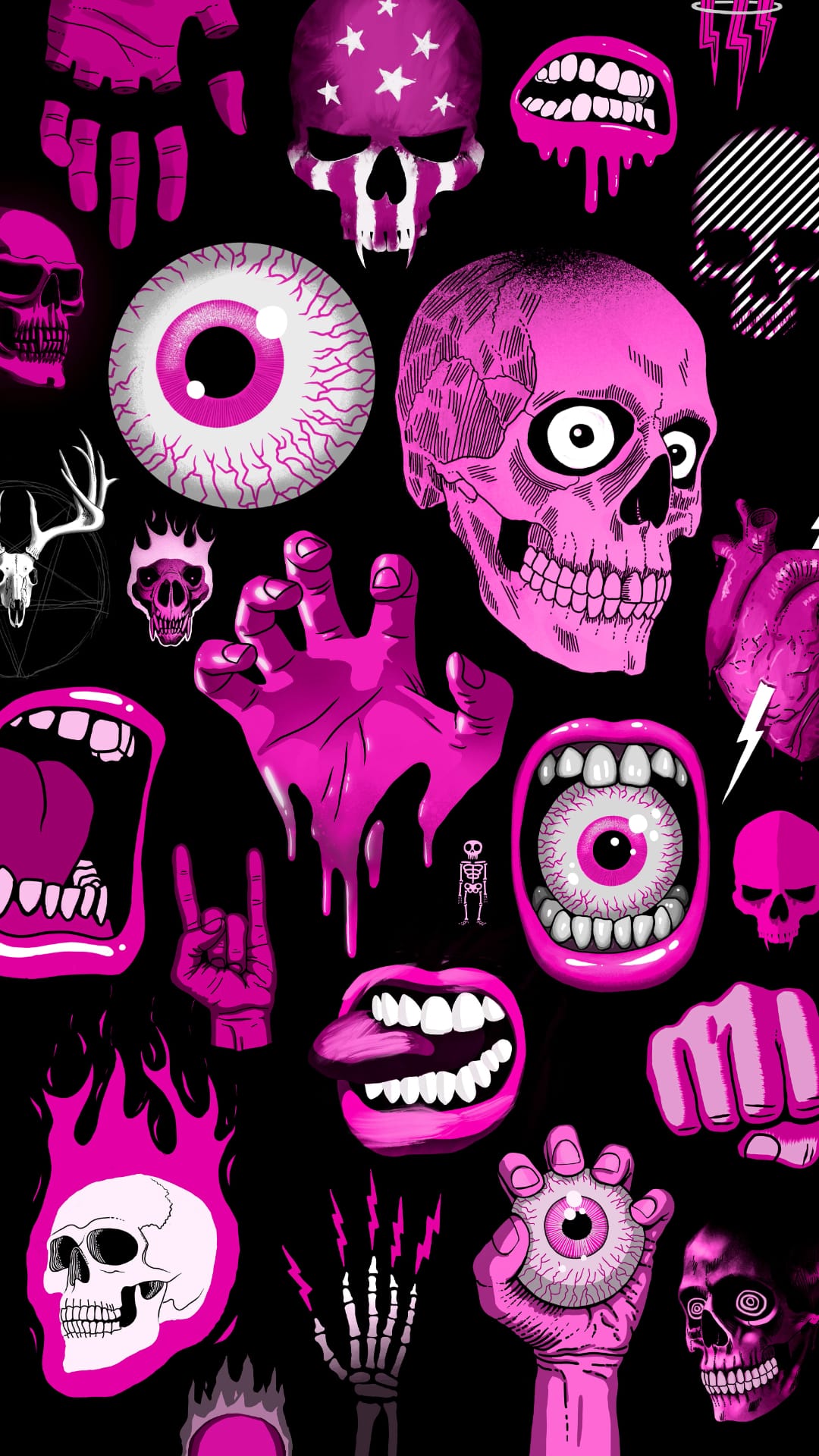 Pink cartoon skulls, disembodied eyeballs, and anatomical hearts appear in a chaotic pattern on a black backdrop.