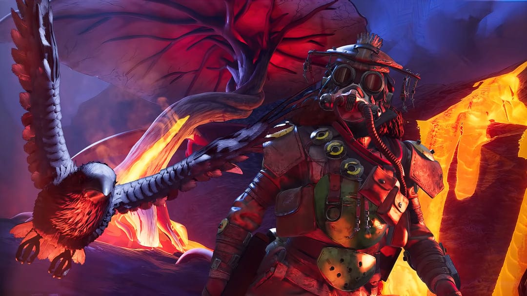 Bloodhound in a gas mask stands near glowing orange lava with a large crow flying in a dark purple landscape.
